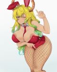  absurd_res animal_humanoid areola areola_slip big_breasts blonde_hair breasts bunny_costume clothing costume dragon dragon_humanoid female fishnet fishnet_legwear hair hi_res horn horned_humanoid humanoid legwear lesottart long_hair looking_at_viewer miss_kobayashi&#039;s_dragon_maid nipples not_furry one_eye_closed quetzalcoatl_(dragon_maid) simple_background smile smiling_at_viewer solo stockings white_background white_body white_skin wink 