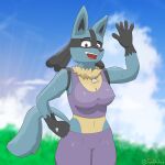  1:1 anthro biped blue_body blue_fur bodily_fluids bottomwear breasts canid canine clothed clothing crop_top day digital_media_(artwork) exercise exercise_clothing female fingers fur gesture hi_res leggings legwear looking_at_viewer lucario mammal navel nintendo nipple_outline nipples open_mouth outside pok&eacute;mon pok&eacute;mon_(species) purple_clothing red_eyes shirt simple_background sky smile smiling_at_viewer solo standing sweat sweatdrop sweaty_breasts thick_thighs tight_clothing tongue tooundone topwear video_games waving waving_at_viewer 