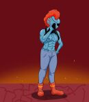  anthro bodily_fluids boots bottomwear breasts clothing denim denim_clothing exposed_breasts female fish footwear hi_res jeans marine muscular nipples pants solo sweat undertale undertale_(series) undyne video_games watersucc wiping_brow wiping_sweat 