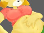  4:3 5_fingers animal_crossing anthro belly big_belly black_nose blonde_hair breasts canid canine canis clothed clothing domestic_dog faceless_character faceless_female female fingers fur grey_background hair hand_on_stomach hi_res isabelle_(animal_crossing) mammal navel nintendo overweight overweight_anthro overweight_female shih_tzu simple_background solo strawberrywith4 toy_dog video_games yellow_body yellow_fur 