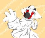  4_fingers 6:5 absurd_res anthro canid canine canis changed_(video_game) clothing coat dr._k_(changed) fingers fur gas_mask head_tuft hi_res lab_coat male mammal mask minya_0413 red_eyes simple_background solo topwear tuft white_body white_fur wide_eyed wolf yellow_background 