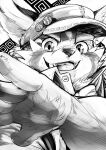  2021 absurd_res ailurid anthro asakura_kento biped clothing hat headgear headwear hi_res humanoid_hands kemono lifewonders mammal monochrome portrait red_panda shirt solo teeth tokyo_afterschool_summoners topwear video_games zhurong_(tas) 