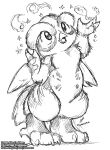  2021 anthro avian back_wings bird chibi clawed_toes feathered_wings feathers featureless_crotch graphite_(artwork) looking_up lyron_(miwauturu) magic magic_user male monochrome nude o-kemono open_mouth owl pencil_(artwork) signature sketch small_wings solo traditional_media_(artwork) wings 