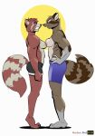  2021 5_fingers absurd_res anthro athletic athletic_anthro athletic_female barefoot black_nose blue_eyes bottomwear breast_squish breasts breasts_frottage brown_body brown_eyes brown_fur butt claws clenched_teeth clothed clothing confident duo eye_contact face_to_face faceoff facial_markings feet female female/female fingers frown fur hand_on_hip hand_on_own_hip hands_on_hips head_markings hi_res hindpaw humanoid_hands larger_female looking_at_another mammal marina_kaisbach markings mask_(marking) maxi_(demondawgy96) modern_bird partially_clothed paws plantigrade procyonid raccoon ring_(marking) ringtail scowl shorts signature size_difference smaller_female smile squish standing standing_on_toes tail_markings teeth toe_claws toes topless topless_female 