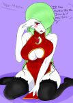  2019 absurd_res asian_clothing big_breasts blush breasts chinese_clothing chinese_dress cleavage_cutout clothing dialogue dress east_asian_clothing embarrassed female gardevoir green_hair hair hand_on_ear hi_res humanoid legwear neo_mecha nintendo not_furry open_mouth pok&eacute;mon pok&eacute;mon_(species) red_eyes signature simple_background solo stockings text thick_thighs thigh_highs video_games 
