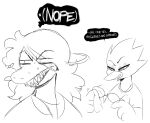  anthro avian berdly bird bodily_fluids clothed clothing deltarune duo english_text eyelashes eyewear female glasses humor male monochrome monster scalie sharp_teeth sunibee susie_(deltarune) sweat teeth text undertale_(series) video_games 