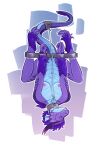  anthro bdsm blue_body blue_scales bondage bound claws collar dragon ear_fins female fin genitals harmaagriffin hi_res horn looking_away nude purple_body purple_scales pussy reptile rope scales scalie simple_background smile solo upside_down wingless_dragon 