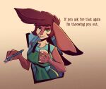  annoyed anthro apron barista big_breasts breasts clothing coffee_cup container cup english_text evan_(sharkrags) female green_apron green_eyes i_mean_breast_milk lagomorph leporid mammal meme rabbit sharkrags solo text 