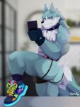 2021 3:4 absurd_res anthro bent_leg big_butt blurred_background brand_new_animal bulge butt canid canine canis cellphone clothing collar footwear frown fur gloves handwear hi_res holding_object holding_phone inside jockstrap male mammal muscular muscular_anthro muscular_male narrowed_eyes phone shirou_ogami shoes signature smartphone socks solo standing studio_trigger taking_picture therot0 tuft underwear wolf 