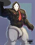  2021 abs anthro artist_name avian balls_outline big_bulge big_muscles bottomwear bulge clothed clothing darkner dated deltarune erection erection_under_clothing genital_outline hi_res holding_object holding_plate huge_bulge huge_muscles looking_at_viewer male mask musclegut muscular muscular_anthro muscular_male navel necktie nipples pants pecs penis_outline plate simple_background solo standing swatchling thick_thighs topless topless_male undertale_(series) video_games zawn 