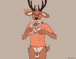  2021 anthro antlers artist_name balls blush bottomless brown_body brown_fur cervid clothed clothing fur genitals holding_object horn lawyerdog looking_at_viewer male mammal panko_(lawyerdog) penis shirt solo t-shirt topwear 