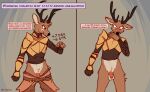  2021 anthro antlers balls blush bottomless brown_body brown_fur cervid clothed clothing crotch_tuft dialogue english_text foreskin fur genitals head_tuft horn humor lawyerdog male mammal panko_(lawyerdog) penis smile solo standing text tuft wardrobe_malfunction 