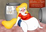  animaniacs anthro belly big_belly blonde_hair bottomwear breasts bubble cleavage clothed clothing drunk english_text female hair inflation mammal mantawolfe midriff minerva_mink mink mustelid musteline navel pink_nose randomuser888 shorts smile substance_intoxication text true_musteline warner_brothers 