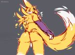  2021 anthro artist_name backsack balls bandai_namco digimon digimon_(species) dipstick_tail fluffy fluffy_tail fur genitals lawyerdog looking_at_viewer looking_back looking_back_at_viewer male markings mostly_nude multicolored_tail renamon solo standing tail_markings white_body white_fur yellow_body yellow_fur 