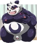  2021 alp_(tas) anthro balls belly blush bodily_fluids cute_fangs flaccid fur genital_fluids genitals giant_panda hi_res humanoid_genitalia humanoid_hands humanoid_penis kemono lifewonders male mammal moobs nipples overweight overweight_male penis precum solo tokyo_afterschool_summoners ursid video_games white_body white_fur yamatoji201 