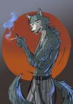  2021 5_fingers anthro arm_scar beastars belt blossomartist bottomwear canid canine canis cigarette claws clothed clothing countershade_face countershade_torso countershading digital_media_(artwork) ear_tag fangs finger_claws fingers fur grey_body grey_fur hi_res holding_cigarette holding_object humanoid_hands legoshi_(beastars) looking_at_viewer male mammal multicolored_body multicolored_fur notched_ear open_mouth pants pattern_bottomwear pattern_clothing pattern_pants scar smoke smoking solo striped_bottomwear striped_clothing striped_pants stripes tan_body tan_countershading tan_fur topless topless_male two_tone_body two_tone_fur wolf 