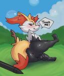  &lt;3 anthro anus backsack balls black_balls black_butt black_penis blush braixen butt command english_text feet flaccid fur genitals hi_res inner_ear_fluff looking_at_viewer male nintendo nude penis pok&eacute;mon pok&eacute;mon_(species) rear_view red_inner_ear_fluff ruruduu smile snaggle_tooth solo spread_anus spread_legs spreading stylus text tuft video_games yellow_body yellow_fur yellow_tail 