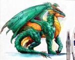  2014 5:4 ambiguous_gender chaos-draco claws dragon feral green_body green_scales hi_res horn membrane_(anatomy) membranous_wings reptile scales scalie smile solo spines standing teeth traditional_media_(artwork) western_dragon wings 