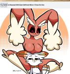  :3 anthro big_breasts black_sclera boob_hat breasts buckteeth bunzerk duo english_text featureless_breasts female hi_res larger_female lopunny male male/female nintendo pok&eacute;mon pok&eacute;mon_(species) scorbunny sitting size_difference smaller_male smile teeth text video_games 