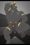  2021 abs abstract_background anthro anubian_jackal anubis balls big_muscles black_bars black_sclera bonfiredemon canid canine canis claws deity ear_piercing ear_ring egyptian_mythology facial_piercing flaccid foreskin fur genital_piercing genitals gold_(metal) grey_background grey_body grey_fur hand_behind_head hi_res humanoid_genitalia humanoid_penis jackal letterbox looking_at_viewer male mammal markings middle_eastern_mythology muscular muscular_anthro muscular_male mythology navel nipple_piercing nipples nose_piercing nose_ring nude obliques pawpads pecs penis penis_piercing piercing prince_albert_piercing signature simple_background sitting smile solo tuft vein 