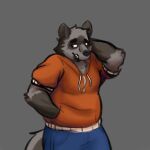 1:1 2021 anthro biped black_nose bottomwear clothed clothing cookiedoh2 dave_(password) fully_clothed hi_res hoodie hyaenid male mammal pants password_(visual_novel) simple_background slightly_chubby solo striped_hyena topwear video_games visual_novel 