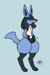  2017 abstract_background alleynat anthro biped black_body black_fur black_skin blue_body blue_fur blush breasts canid canine dated digitigrade eyes_closed female fur gloves_(marking) hi_res lucario mammal markings multicolored_body multicolored_fur nintendo pok&eacute;mon pok&eacute;mon_(species) small_breasts smile solo spikes spikes_(anatomy) standing tan_body tan_fur thick_thighs video_games wide_hips 