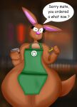  anthro apron apron_only beverage clothed clothing coffee confusion container cup dialogue english_text female green_apron hi_res holding_object huge_hips huge_thighs hyper hyper_hips hyper_thighs i_mean_breast_milk kangaroo kangy_the_kangaroo_(kdgamer015) kdgamer015 looking_at_viewer macropod mammal marsupial meme mostly_nude pencil_(object) solo starbucks text thick_thighs wide_hips 