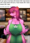  annoyed anthro apron apron_only areola areola_slip big_breasts blush breasts choker cleavage clothed clothing deltarune english_text female freckles green_apron hi_res huge_breasts huwon i_mean_breast_milk jewelry meme mostly_nude necklace nipples non-mammal_breasts non-mammal_nipples purple_body reptile scalie solo susie_(deltarune) text undertale_(series) video_games 