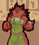  anthro apron apron_only biped bulge clothed clothing container cup felid fur green_apron hi_res i_mean_breast_milk incineroar looking_at_viewer male mammal meme mostly_nude muscular muscular_anthro muscular_male nintendo pecs pok&eacute;mon pok&eacute;mon_(species) red_body red_fur simple_background solo tomol6 video_games 