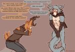  2021 anthro antlers artist_name beastars blush brown_background brown_body brown_fur canid canine canis cervid covering covering_crotch dialogue duo embarrassed english_text fur gesture grey_body grey_fur horn lawyerdog legoshi_(beastars) louis_(beastars) male mammal mostly_nude simple_background sitting speech_bubble tail_motion tailwag text thumbs_up wolf 