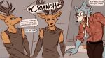  16:9 2021 anthro antlers artist_name beastars belt bottomwear brown_body brown_fur canid canine canis cervid clothed clothing comic dialogue duo egg english_text fangs fully_clothed fur horn humor lawyerdog legoshi_(beastars) louis_(beastars) male mammal pants shirt speech_bubble teeth text tongue topwear widescreen wolf 