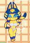  2021 :&lt; animal_crossing ankha_(animal_crossing) anthro bandage big_breasts blue_eyes blue_hair bob_cut breasts chest_wraps domestic_cat egyptian felid feline felis female fur hair hi_res ittziofficial mammal markings nichinsfw nintendo one_eye_closed signature simple_background solo striped_markings striped_tail stripes tail_markings uraeus video_games wraps yellow_body yellow_fur 