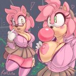  ! &lt;3 1:1 amy_rose anthro big_breasts blush bottomwear breasts bubble_gum cleavage clothed clothing eulipotyphlan eyewear female glasses hedgehog hi_res legwear mammal one_breast_out ramdoctor sega skirt solo sonic_the_hedgehog_(series) thigh_highs 