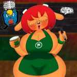  1:1 2021 3barts absurd_res anthro apron apron_only big_breasts blonde_hair blue_body blue_eyes blue_fur blush bovid breasts brown_body brown_fur caprine cleavage clock clothed clothing container cup curvy_figure detailed_background dialogue digital_media_(artwork) domestic_cat duo english_text eyelashes eyes_closed felid feline felis female fingers fur green_apron hair hi_res horn hourglass_figure huge_breasts i_mean_breast_milk inside katy_kat lammy_lamb lips mammal meme mostly_nude parappa_the_rapper pen red_hair sheep smile sony_corporation sony_interactive_entertainment standing star_eyes text thick_thighs tongue um_jammer_lammy video_games voluptuous watch wide_hips wristwatch 