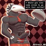  1:1 abs clothing darkner deltarune english_text hi_res humanoid legwear male mask money muscular necktie pecs pubes solo streif swatchling tagme text thigh_highs thong undertale_(series) underwear video_games 