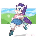  1:1 anthro blue_eyes blue_eyeshadow blush bodily_fluids bottomwear camel_toe clothed clothing cold-blooded-twilight cutie_mark english_text equid equine exercise eyeshadow female friendship_is_magic grass gym_bottomwear gym_clothing gym_shorts hair hasbro hi_res horn makeup mammal my_little_pony outside plant purple_hair rarity_(mlp) running shirt shorts sky solo sweat t-shirt text topwear unicorn water_bottle white_body 