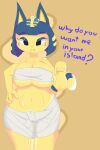  animal_crossing ankha_(animal_crossing) anthro bandage bandeau big_breasts breasts cleavage clothed clothing domestic_cat english_text felid feline felis female frown gesture gikowinko hand_on_hip hi_res huge_breasts looking_at_viewer mammal nintendo pointing pointing_down solo text topwear under_boob video_games 