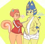  animal_crossing ankha_(animal_crossing) anthro big_breasts bikini bottomless breasts clothed clothing domestic_cat duo english_text eyebrows featureless_crotch felid feline felis female frown gikowinko hazel_(animal_crossing) huge_breasts jacket mammal nintendo raised_eyebrow rodent sciurid simple_background sling_bikini swimwear text topwear tree_squirrel video_games 