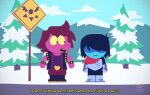  ambiguous_gender anthro armband blue_body blue_skin boots bracelet clothing comedy_central deltarune dialogue duo english_text evergreen_tree female footwear hair hi_res human humor jewelry kris_(deltarune) kris_where_are_we mammal meme outside pine_tree plant profanity purple_body purple_hair scalie snow south_park spiked_armband spiked_bracelet spikes stellizard style_parody susie_(deltarune) text tree undertale_(series) video_games 