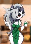  absurd_res anthro apron apron_only breasts canid canid_demon cleavage clothed clothing demon female green_apron hair hair_over_eye hellhound helluva_boss hi_res i_mean_breast_milk loona_(helluva_boss) mammal meme mostly_nude niyuyu one_eye_obstructed red_sclera solo 
