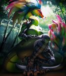  2021 american_mythology anthro aztec_mythology breasts claws clothed clothing day deity detailed_background digital_media_(artwork) feathered_snake feathers female fivel forest grass hi_res mesoamerican_mythology mythology non-mammal_breasts outside plant quetzalcoatl reptile scalie smile snake solo tongue tree 