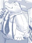  2021 anthro belly blush bodily_fluids bottomwear can clothing container crocodile crocodilian crocodylid dain_4201 hi_res humanoid_hands kemono male necktie outside overweight overweight_male pants reptile scalie shirt solo suspenders sweat topwear 