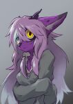  absurd_res anthro blue_eyes breasts chest_tuft clothing dragon ears_back female fur fur_growth furred_dragon gradient_background green_clothing green_sweater green_topwear grey_background growth hair heterochromia hi_res holding_arm horn horn_growth human human_to_anthro kemono long_hair looking_at_viewer mammal mid_transformation oversized_shirt pink_hair pivoted_ears purple_body purple_fur purple_nose shaded shizumi_tsubasa simple_background snout solo species_transformation sweater topwear transformation tuft yellow_eyes 