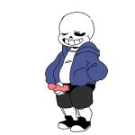  1:1 animated_skeleton anterior_nasal_aperture black_clothing black_footwear black_shoes blue_clothing blue_hoodie blue_topwear blush bone bottomwear clothing dildo footwear grey_bottomwear grey_clothing grey_shorts grin hand_in_pocket holding_dildo holding_object holding_sex_toy holding_strapon hoodie humanoid male not_furry one_eye_closed one_eye_half-closed pink_dildo pockets sans_(undertale) sex_toy shirt shoes shorts simple_background skeleton smile solo standing strapon teeth topwear undead undertale undertale_(series) unknown_artist video_games white_background white_body white_clothing white_shirt white_topwear 