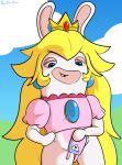  2021 anthro blonde_hair bottomless clothed clothing crossover davidsanchan female hair hand_on_hip hi_res lagomorph mammal mario_bros mario_plus_rabbids_kingdom_battle nintendo outside portrait rabbid rabbid_peach raving_rabbids rayman_(series) selfie smile solo standing taking_picture three-quarter_portrait ubisoft video_games 