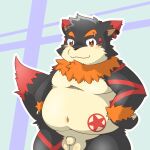  1:1 2021 anthro balls belly black_body black_fur black_nose brown_body brown_fur canid canine canis chibi domestic_dog flaccid fur genitals hi_res kemono levan_zan male mammal moobs navel overweight overweight_male penis red_body red_fur simple_background solo 