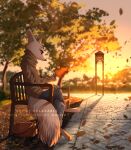  2021 anthro arctic_fox artist_name autumn bench canid canine clothed clothing day detailed_background female fluffy fluffy_tail fox fully_clothed fur hi_res holding_leaf holding_object leaf mammal outside plant relaxable relaxablefur signature sitting solo sweater topwear tree white_body white_fur 