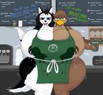  2_heads accipitrid accipitriform anthro apron apron_only areola areola_slip avian beverage big_breasts big_butt bird blush bodily_fluids breast_squish breasts butt canid canine canis clothing coffee conjoined dialogue domestic_dog duo eagle female green_apron huge_breasts huge_butt husky hyper hyper_breasts i_mean_breast_milk lactating lactating_through_clothing mammal meme mostly_nude multi_head nordic_sled_dog pilot129 spitz squish starbucks wet wet_clothing wide_hips 