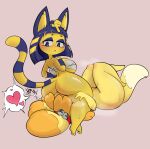  &lt;3 2021 absurd_res accessory animal_crossing ankha_(animal_crossing) anthro bell big_breasts big_butt blonde_hair bodily_fluids bottomless breasts butt canid canine canis clothed clothing domestic_cat domestic_dog duo egyptian eyeshadow facesitting felid feline felis female female/female grey_background hair hair_accessory hairband hi_res isabelle_(animal_crossing) looking_back makeup mammal mossyartburger nintendo nude on_top pictographics shih_tzu short_hair simple_background speech_bubble straddling sweat toy_dog video_games wraps 