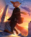  2021 anthro barefoot belt bottomwear building canid canine city claws clothed clothing cloud coat day detailed_background dipstick_ears disney feet fluffy fluffy_tail fox fully_clothed fur gun hi_res light lighting low-angle_view male mammal multicolored_ears orange_body orange_fur outside pants ranged_weapon red_fox relaxable relaxablefur shaded shirt signature sky solo toe_claws topwear weapon zootopia 
